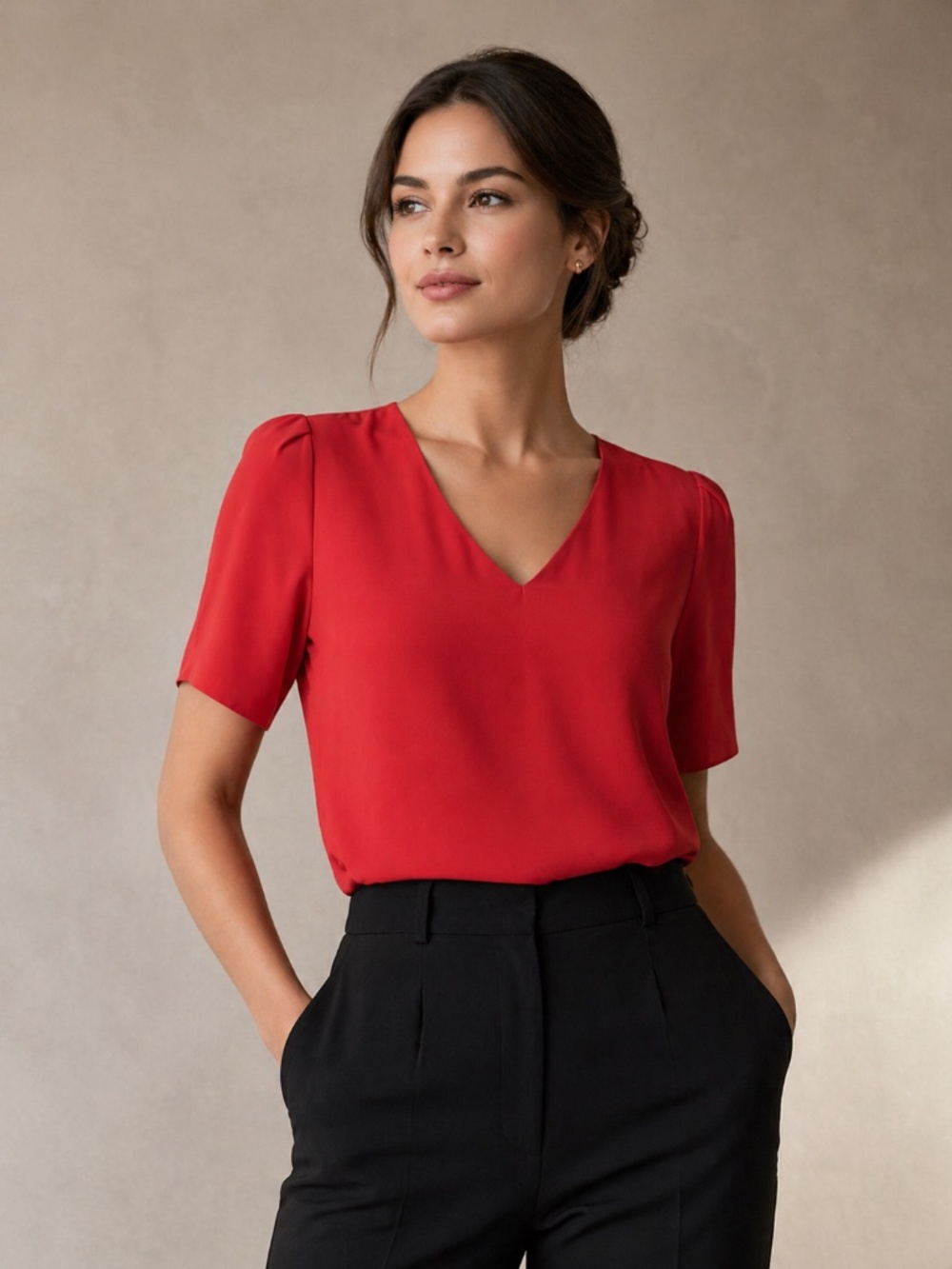Babaton top short sleeve V neck cropped red corporate girlie office work XS